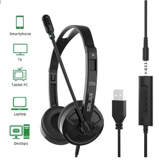 Salar H58 PC Wired Business Headphones USB 3.5mm Jack Comfortable Headset With Noise Cancelling Mic For PC Laptop Mac Computer - Black