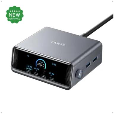 Anker Prime 250W 6-Port GaN USB C Charging Station with 2.26 LCD Smart Display Control Universal Compatibility - Black
