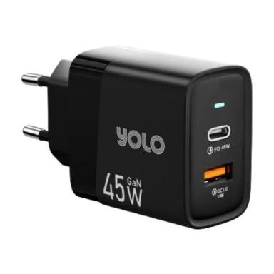 YOLO Y-451 GaN Charger 45w Dual Port USB A + Type-C Black