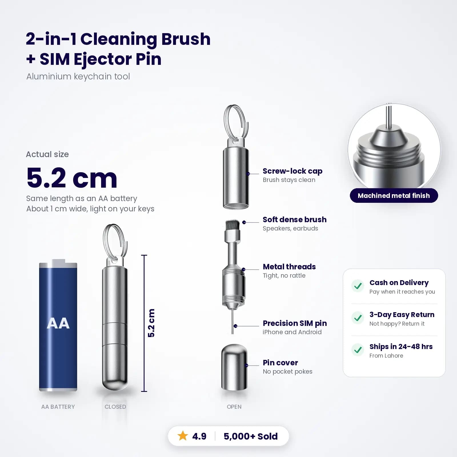 2-in-1 Aluminium Cleaning Brush + SIM Ejector Pin Keychain Screw-Lock Metal Case For iPhone and Android